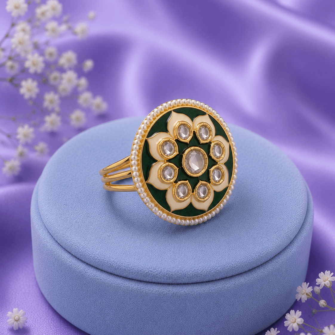 Green Chunky Kundan Ring, Moti