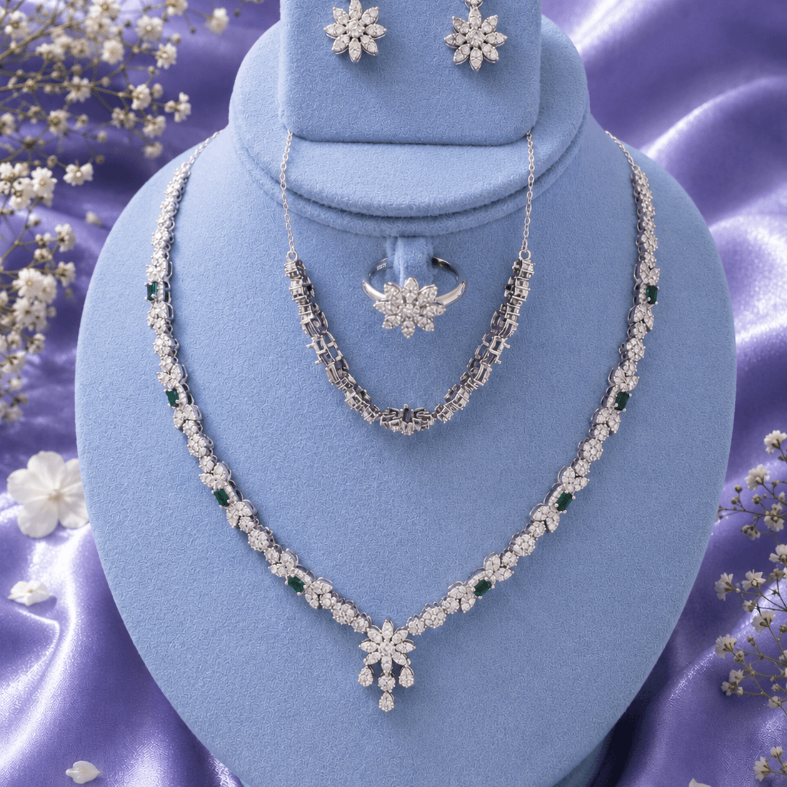 Complete Set, Green and White Moissanite with Bracelet