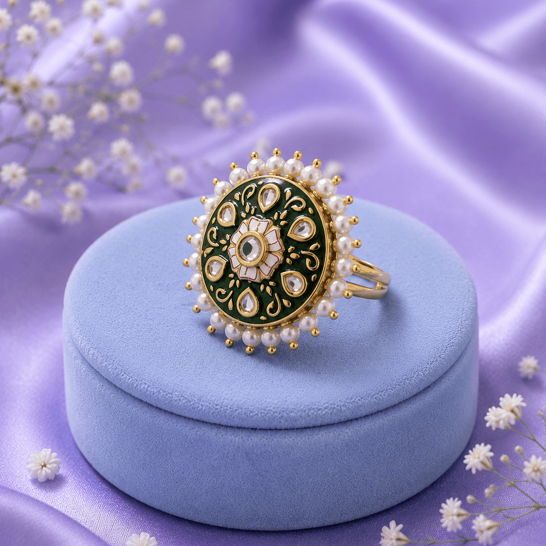 Moti Green Kundan Chunky Ring