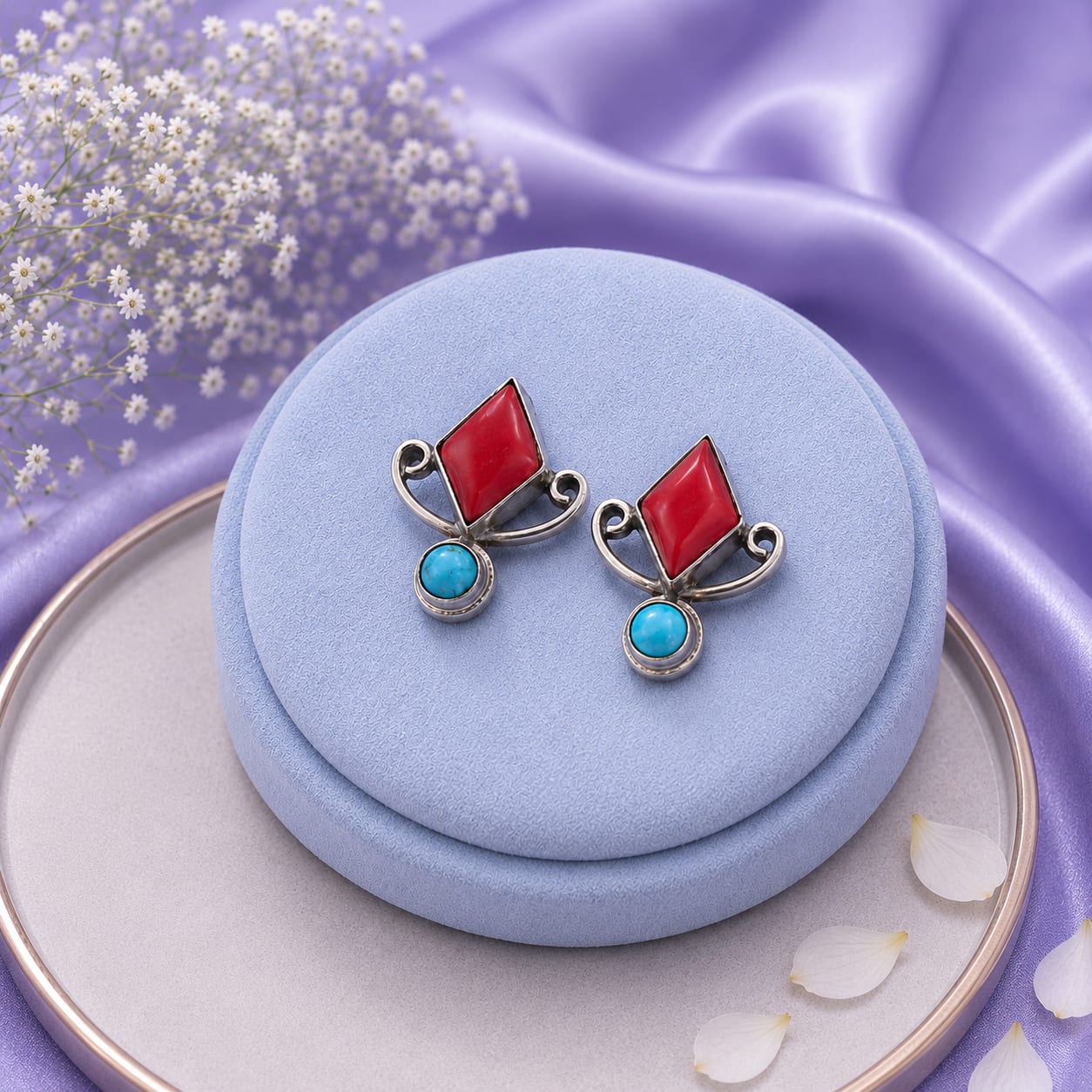 Studs (Coral + Turquoise Colour Stone)