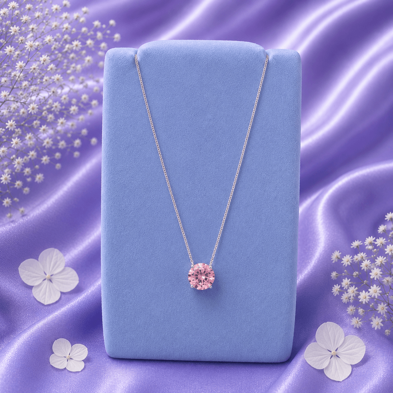 Round Pink Moissanite Pendant Chain