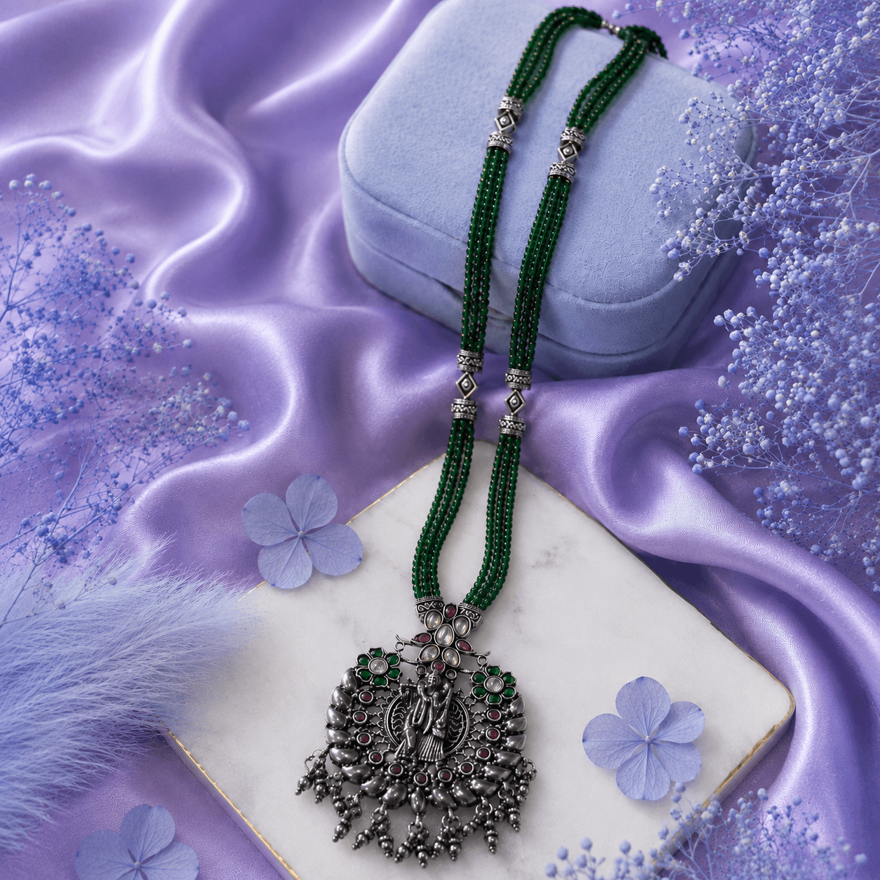 Green Beads Mala Set with Radha Krishna Pendant